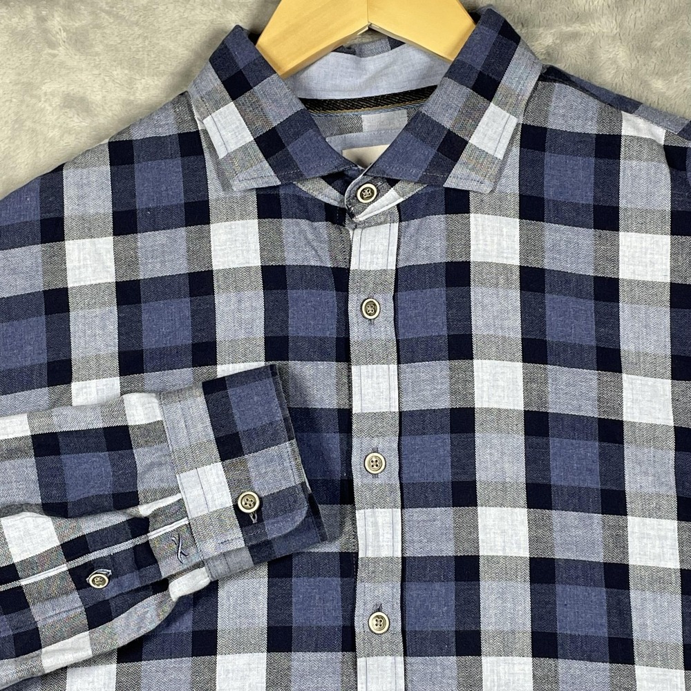 Brax Feel Good Harold C Cosy Light Flannel Shirt Mens L Navy Blue Plaid Check